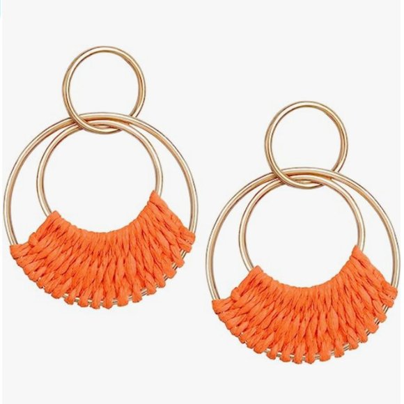Orange Woven Raffia Gold Hoop Earrings Wicker Hoops Links Post Style Vacay New - Picture 4 of 5